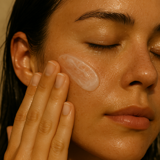 Close-up of a woman applying cream to her face with a neutral background