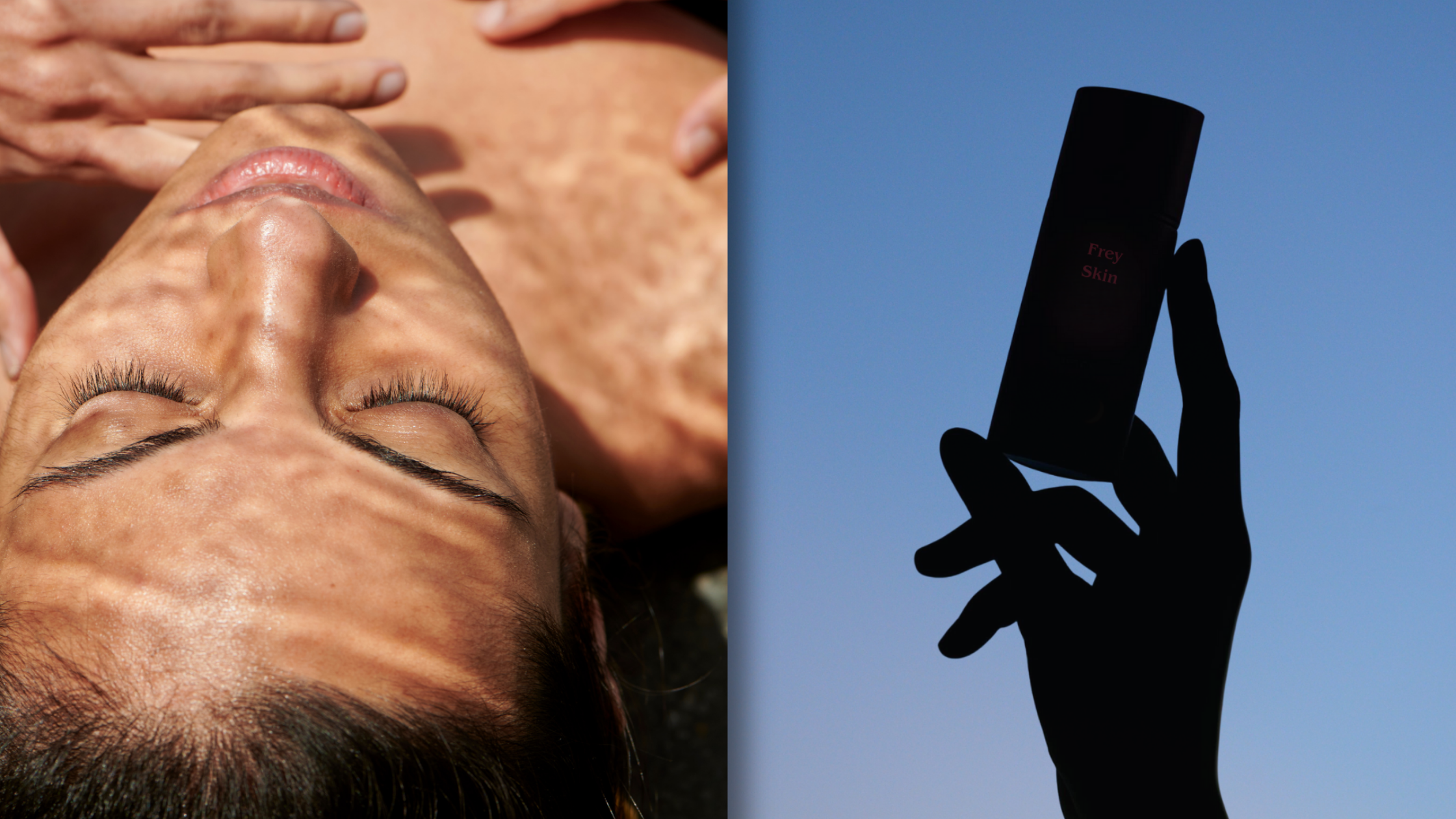 Close-up of a person's face with hands covering it on the left, and a hand holding a phone against a blue sky on the right.